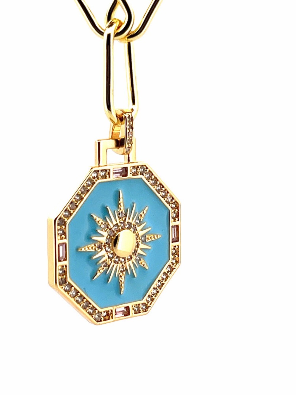 Gold Chain Necklace with Blue Sunburst Pendant - Designer Style